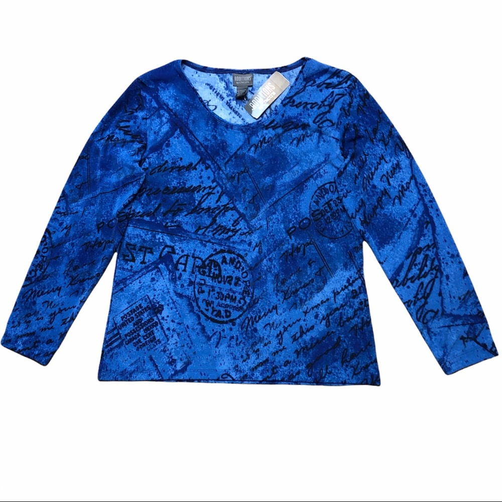 CHICO’S Additions Blue Postcard Print Kristal Scoop Neck Top Sz 2 (L)